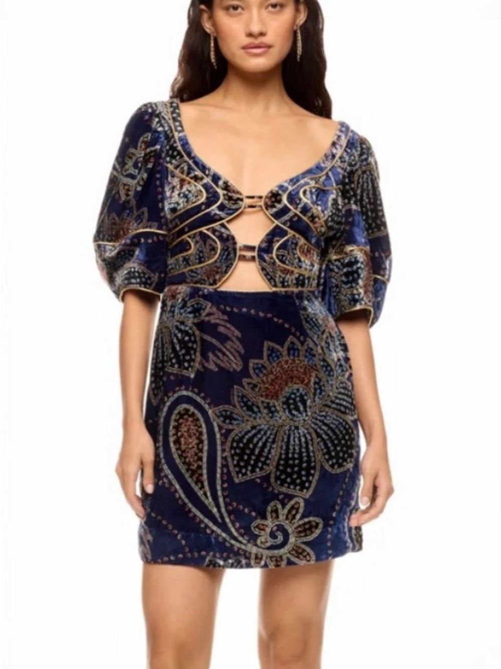 FARM Rio Navy and Gold Velvet Asymmetrical Mini Dress